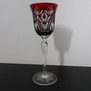 Bohemian Czech Red Cut to Clear Crystal Wine Glass Goblet 9" Tall Vintage